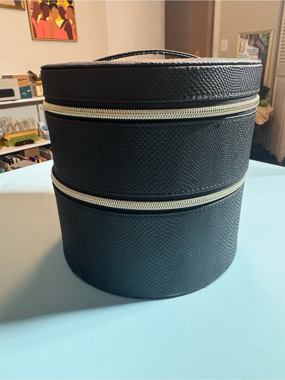Lancome Black Textured Double Zip Cosmetic Case with Gold Trim